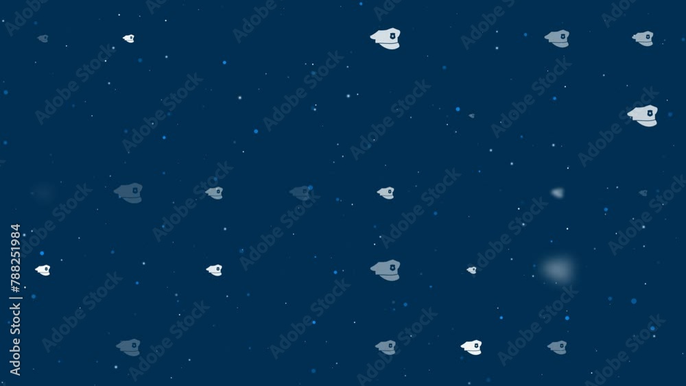 Poster template animation of evenly spaced police cap symbols of different sizes and opacity. animation of 