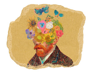 Png floral Van Gogh portrait sticker, ripped paper, transparent background, famous artwork