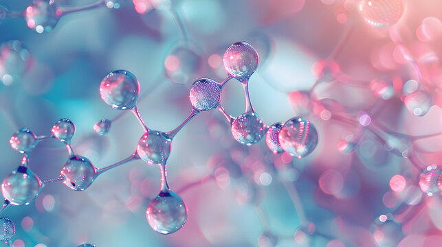 A closeup of the chemical structure of carbon, centered on a light pink and blue background with a blurred background