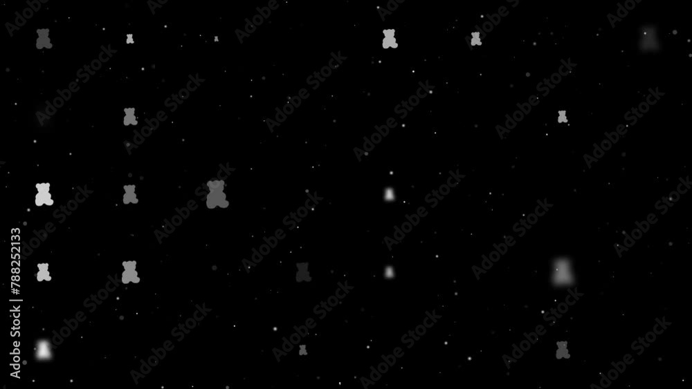 Poster template animation of evenly spaced teddy bear symbols of different sizes and opacity. animation of 