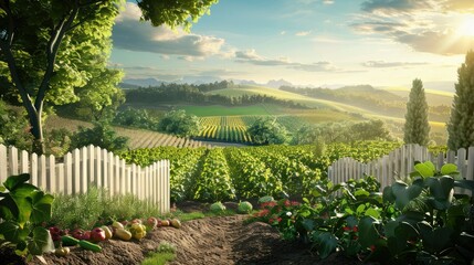 A white fence surrounded a vegetable garden with a beautiful green landscape. A farm and vineyard could be seen in the background. The sunlight shone realistically in the photo.