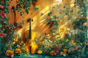 A violin rests among vibrant flowers in a lush garden, creating a harmonious blend of nature and art in the natural landscape