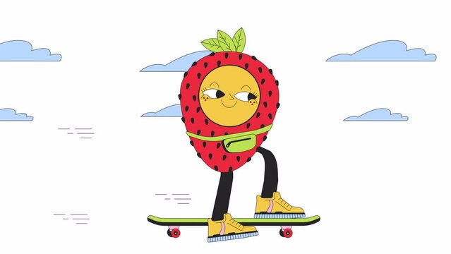 Strawberry skateboard line 2D animation. Retro groovy fruit skater 4K video motion graphic. Cute geometric figure skateboarder teenage boy linear animated cartoon flat concept, white background