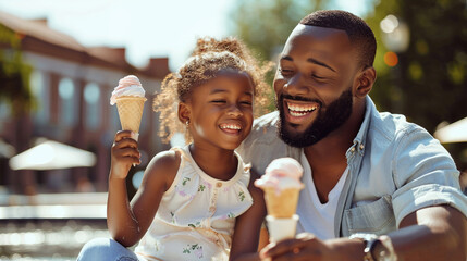 Young father and daughter eating ice-cream. AI.