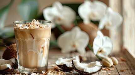Glass of latte coffee with coconut, surrounded by green coconuts and white orchid flowers on the...