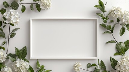 White empty frame with hydrangea flowers on the sides, in a flat lay, on a white background, top view, in an aesthetic style