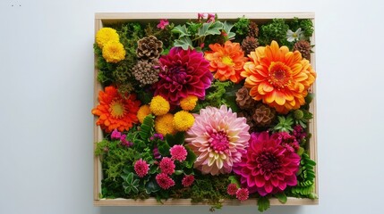 Top view of a wooden box filled with bright vibrant flowers and green moss. It is placed on a plain white background to highlight each element within it.
