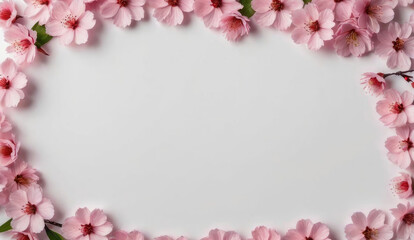 Fototapeta na wymiar Banner with cherry flowers on light background. Flat lay, top view. Template for web, greeting card, wedding invitation, Mothers and Womans day. Floral composition with copy space. 