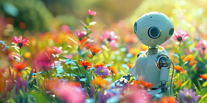 Robot is working in the garden, colorful flowers