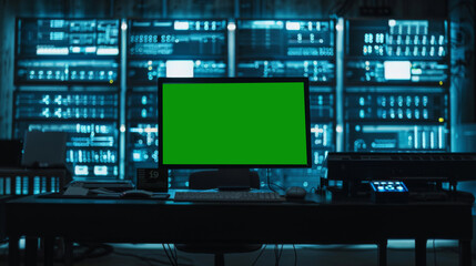 Obraz premium Green screen in an AI analysis room on computer screens in a large high-tech data center. The concept of web services, machine learning, cybersecurity 41
