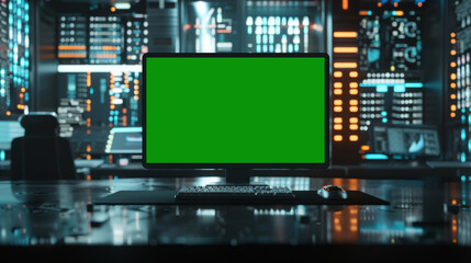 Fototapeta premium Green screen in an AI analysis room on computer screens in a large high-tech data center. The concept of web services, machine learning, cybersecurity 41