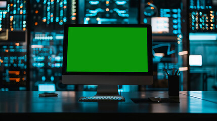 Fototapeta premium Green screen in an AI analysis room on computer screens in a large high-tech data center. The concept of web services, machine learning, cybersecurity 41