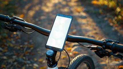 smart phone Showing white screen on bicycle. smartphone installed at bicycle handle bar for navigator. copy space for text.