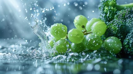 Fresh green grapes and broccoli falling into water with splashes, on a light gray background with soft lighting. Drops of water on fruit.