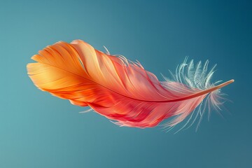 Floating feather vibrant colors simple clear sky low detail falling motion bottom text space