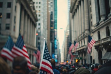 Fototapeta premium Patriotic Crowd on City Street with American Flags