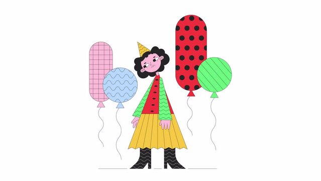 Sighing sad party girl line 2D animation. Floating balloons. Groovy female 4K video motion graphic. Cute geometric figure depressed birthday linear animated cartoon flat concept, white background