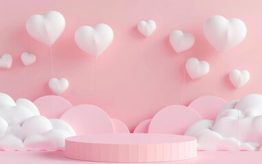Happy valentine day banner with many hearts 3d objects and podium for product presentation on pink background.,3d model and illustration