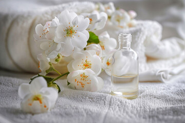 composition of spa treatment: white towels with bottle of oil