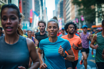 Diverse group of men and women jogging together through city streets