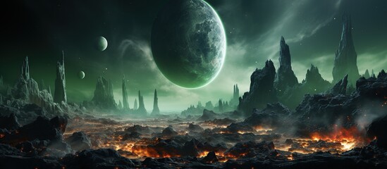 Fantasy landscape with green planet. Alien Landscape with Green Moon - obrazy, fototapety, plakaty