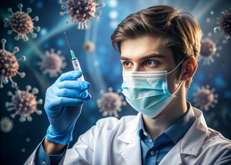 A doctor in a medical mask and protection holds a syringe with a vaccine in his hands against the background of flying viruses. An epidemic, a disease. A model of a dangerous flying virus, bacteria.
