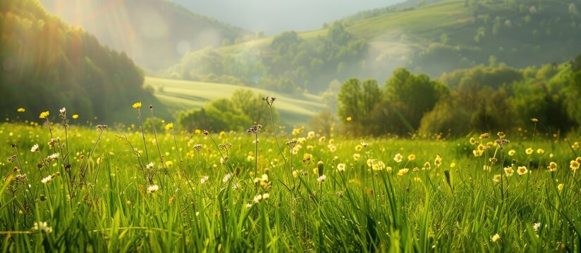Mountain green meadow during the spring season. Nature's arrangement.