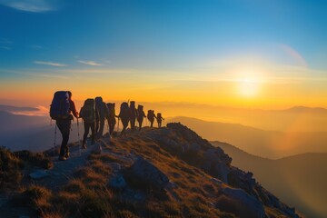 Fototapeta na wymiar Sunrise trek: group of hikers on mountain trail