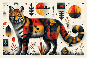  Stylized Lynx Illustration with Integrated Geometric Nature Elements in Earthy Tones