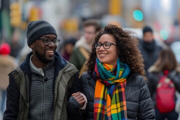 Diverse couple enjoying city stroll