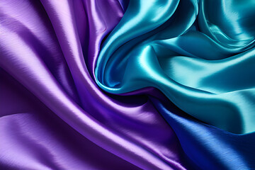 Closeup of rippled blue and purple satin fabric as background
