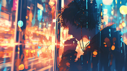 night photo reflection portrait of anime boy with illustration background