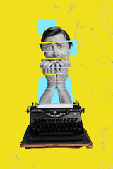 Vertical photo collage of scared man bite fingers mental problem typewriter machine bipolar...