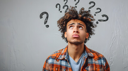 man standing looking very confused with question marks flying over his head