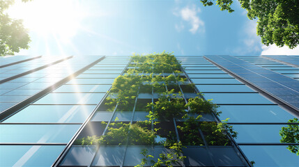 Modern glass office building with a lush green vertical garden in the sunlight.