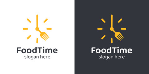 Eat time logo design template. Time clock with spoon fork design graphic vector illustration. Symbol, icon, creative.