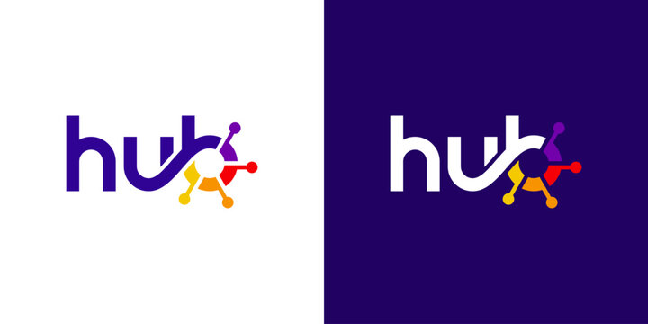 Hub logo design wordmark. Technology connection abstract dot, molecule and biotechnology system graphic design vector illustration. Symbol, icon, creative.