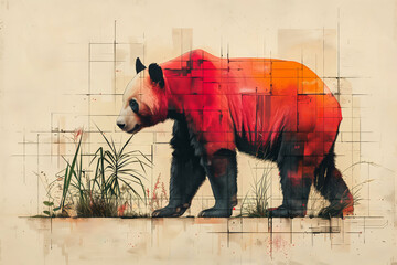 Geometric Red Panda Melds with Abstract Urban Elements in a Modern Artwork