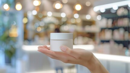 Hand Presenting Cosmetic Jar in Beauty Store, An elegant hand holding a blank cosmetic cream jar with a beauty store's blurred interior in the background.