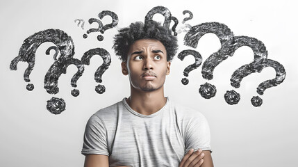 man standing looking very confused with question marks flying over his head