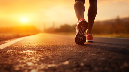 Close-up of runner's legs on the road at sunset, highlighting healthy lifestyle - obrazy, fototapety, plakaty