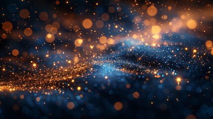 abstract background with Dark blue and gold particles. Golden light shine particles bokeh on a navy blue background. 