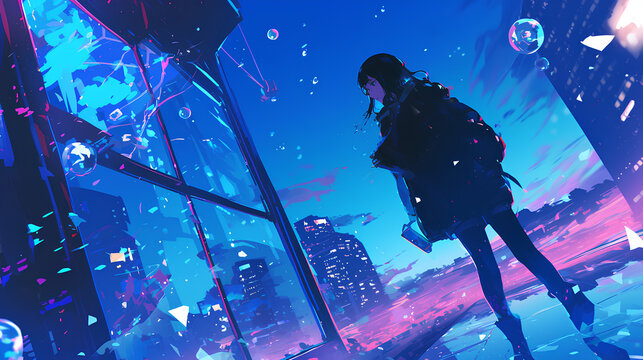 night photo reflection portrait of anime girl with illustration background
