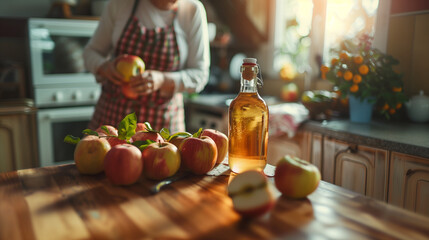 Bottle of apple juice with fresh apples on kitchen counter