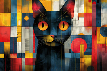 Abstract Artwork of a Black Cat with Yellow Eyes on Colorful Geometric Shapes