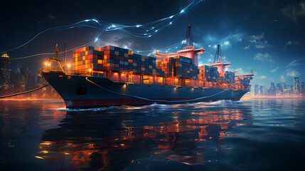 Global network connected cargo ship with import and export logistics concept