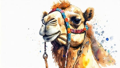 Beautiful watercolor camel with colorful harness. 