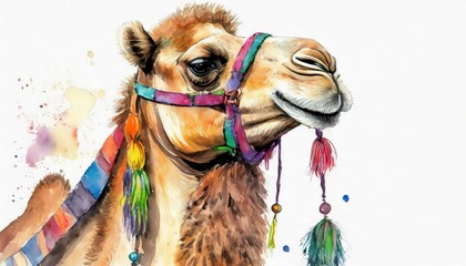 Beautiful watercolor camel with colorful harness.  - obrazy, fototapety, plakaty