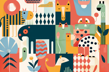 Colorful and Quirky Animal Illustrations with Abstract Geometric Patterns