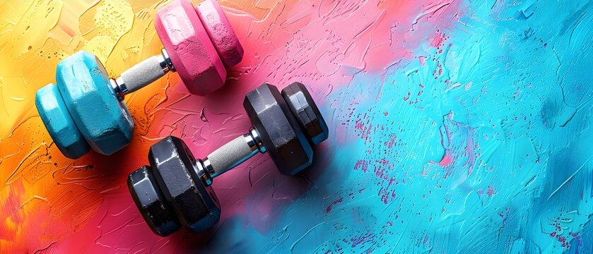 Colorful Workout Vibe: Dumbbells on Vivid Abstract Background. Concept Colorful Photography, Fitness Gear, Vibrant Images, Workout Motivation, Abstract Backdrops